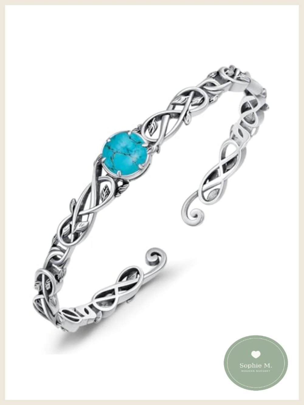 925 Sterling Silver Turquoise Cuff Bracelet Vine Leaf Open Bangle